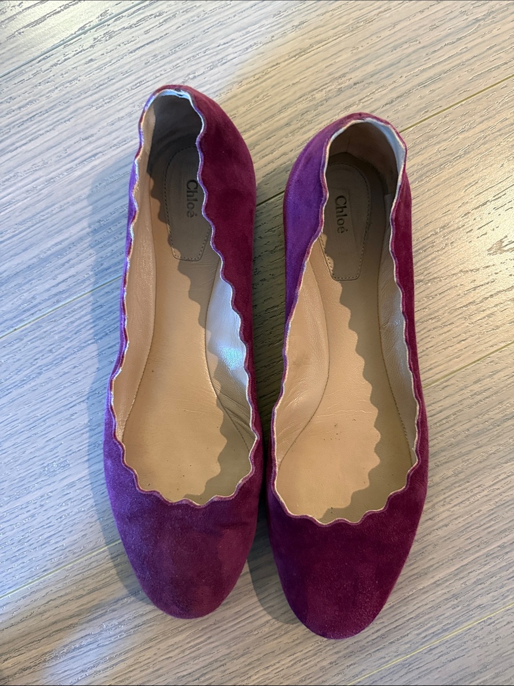 Chloe Plum Suede Scalloped Ballet Flats